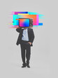 © master1305 - Conceptual composition of businessman with glitch television head on neutral background. Concept of digital identity, media influence, modern business culture, and technology-driven society.