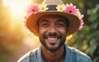 © Jack - Man with Floral Hat Smiles Against a Light Backdrop. Generative AI image. High quality