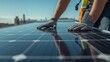 © Digital soul - Close up of a technician wearing protective gloves carefully installing a photovoltaic solar panel array on a sunny rooftop for renewable energy production