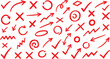 © J.G Studio - Seamless pattern of hand drawn red correction marks including checkmarks crosses arrows circles and squiggles for marking up documents or design feedback