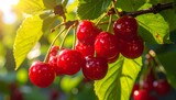 Ripe sweet cherries dripping with dew hang from a sunlit branch
