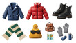 © cs - Winter clothing and accessories set with coat, jacket, boots, scarf, hat, gloves, backpack, map, and thermos, perfect for cold weather travel and outdoor adventure