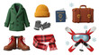 © cs - Winter travel essentials including coat, boots, scarf, gloves, hat, suitcase, passport, and ski gear perfect for cold weather vacations