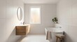 © FoxGrafy - Modern Minimalist Bathroom Interior with Freestanding Bathtub, Wood Vanity, and Natural Light
