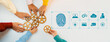 © InfiniteFlow - Diverse hands engaging with gears while surrounded by icons representing digital security, symbolizing teamwork, innovation, and technology in modern business settings. Trope