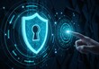 © Anwar Fauzan - Cyber security and data protection on internet. Person touching virtual shield, secure access, encrypted connection. Password protected system and storage. Cybersecurity technology.