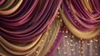 © backup_studio - Elegant draped purple and gold fabric with golden droplets and bokeh lights for luxurious event backdrop or festive celebration.