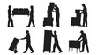 © Hamid - Delivery men in uniform moving furniture and boxes in various poses in black silhouette on white background for logistics