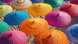 © Suphawan - Colorful Beach Umbrellas Create Vibrant Scene on Sandy Shore, Perfect for Summer Vacation or Resort Advertisement in Bright Sunshine and Clear Skies