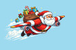 © Angelina - A full-length view of Santa Claus, depicted as a plump, focused, purposeful figure wearing a warm coat, with plane wings, flying swiftly to deliver gifts, set against a blue pastel background
