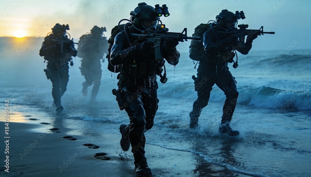 Underwater naval commandos emerge from sea at dawn for covert operation ...