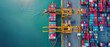 © petrrgoskov - Aerial top view of container ship docked at cargo port with cranes loading colorful containers. Concept of global trade, shipping logistics, maritime transport and supply chain operations.