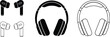 © Taiwo - Types of headphones, earpiece, listen to music, dj headphones. Headphones and earbuds vector illustration icon, silhouette.