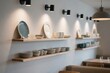 © zhang yongxin - Minimalist interior with wooden shelves displaying ceramic dishes and tableware in a modern dining space