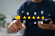 © GamePixel - Online customer satisfaction Survey service concept, client rate service from experience in application,Consumer give five-Stars and feedback review for quality, Business reputation ranking from buyer