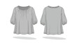 © Arsaka  Saka - Fashion illustration flat sketch of a women's gray gathered neckline blouse with puffy sleeves and decorative collar detail presented front and back