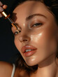 © syaifuddin - Elegant woman applying facial serum with dropper, luxury skincare concept, dark soft background, cinematic lighting, glossy healthy skin, premium beauty advertising style
