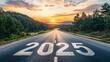 © AI Artworks - New Year 2025 Road to Success, Open Road with Year Marked on Asphalt at Sunset