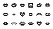 © Mr. Stocker - Collection of black lip icons and silhouettes in various graphic styles, including a lipstick kiss print, a heart shape, and simple mouth forms representing love and romance