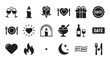 © Mr. Stocker - Collection of black glyph icons for a romantic date night, including wine glasses, a candle, a rose, a heart, a gift, and a dinner setting for a celebration or anniversary