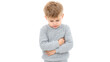 © Justlight - Sad little girl with curly blonde hair, wearing a pink sweater and gray pants, is crying and holding her belly, suffering from stomach pain, isolated on a transparent background
