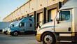 © Svitlana - fleet of semi trucks lined up outside large distribution center, clean sky, modern transport logistics, professional stock photo vibe