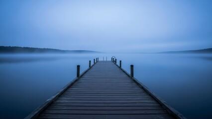  Wooden Dock Extending into Calm Misty Lake at Dawn.