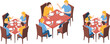 © Md Golam Shahariyar - Isometric dining people illustration showing families eating together at tables, restaurant service, social gathering, meal time, hospitality lifestyle concept