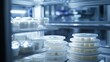 © Solaz - Collection of sealed sterile medical packaging containers stacked and organized on shelves in a clean bright environment