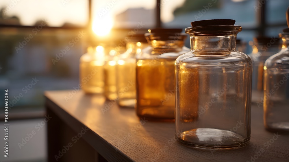 Glass bottles with cork stoppers are arranged on a wooden shelf illuminated by the warm golden light of sunset