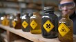 © Bussakon - Line of hazardous chemical bottles with warning symbols on a laboratory shelf observed by a person wearing safety goggles