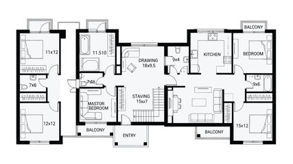 Naklejka na meble Detailed architectural floor plan displaying a multi room house layout with labeled spaces