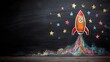 © Jojo* - Colorful chalk drawing illustrates a spacecraft launching upward against a dark background