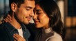 © Vasiliy - Close-up of a romantic couple embracing with their eyes closed. Man and woman sharing an intimate and tender moment in warm sunset light. Love and relationship concept