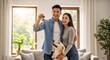 © Vasiliy - Happy young couple with their dog holding keys in their new home. Joyful homeowners celebrating buying a house. Real estate and property ownership concept