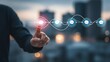 © Najmin - A person interacting with a futuristic digital interface in a cityscape background with glowing icons and connections
