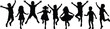© IconicCreations - Jumping children silhouette set, playful kids vector, black flat icons, joyful movement, editable CAD drawing flat vector illustration