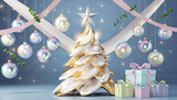 Karta świąteczna z symbolem świąt w postaci choinki bożonarodzeniowej, gwiazdy betlejemskiej, bombek i prezentów świątecznych.