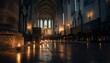 © David - Line of small red lit candles on a polished stone floor leads down the aisle of a grand, historic cathedral with a solemn and peaceful atmosphere