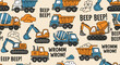 © Miftakhul - Cute Construction Vehicles Seamless Pattern for Kids' Designs.