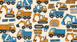 © Miftakhul - Seamless Pattern of Cartoon Construction Vehicles and Sound Effects for Children's Designs.