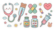 © Sophia - Cute collection of kawaii medical items including a stethoscope, thermometer, and syringe, illustrated in a charming pastel cartoon style for pediatric healthcare concepts