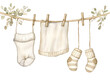© ENRAM - watercolor illustration of a clothesline with baby blanket and tiny socks hanging soft neutral colors cozy neutral watercolor style isolated on white clipart