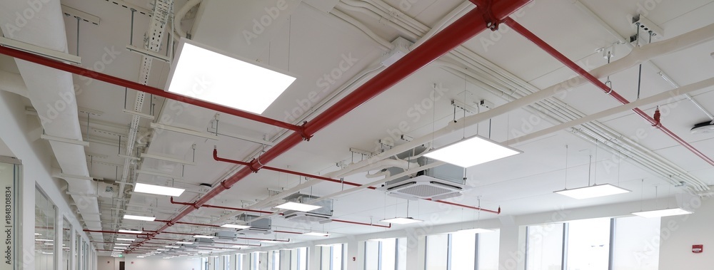 Fire sprinkler and red pipe.Install fire sprinkler system. In the ...