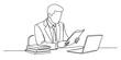 © Continues One Line D - Continuous line drawing of a businessman working at his desk with a laptop and books Vector, illustration