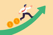 © Sector30 - Investment profit and earning, stock market growth or fund flow depend on interest rate and inflation concept, businessman investor, fund manager holding flag lead money coins running up rising graph.