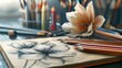 © shimul - Colorful Pencil Art Scene With Sketchbook Flower Drawing
