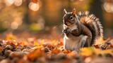 Squirrel Enjoying Nut In Autumn Leaves