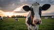 © sablengjago - A close-up shot of a black and white cow looking towards the camera in a grassy field at sunset. Other cows graze in the background