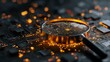 © sablengjago - A close-up view of a magnifying glass on top of a circuit board. The board has a complex arrangement with orange highlights